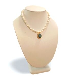 Natural Irregular Freshwater Pearl Necklace & Green Crystal Pendant Gold Plated.